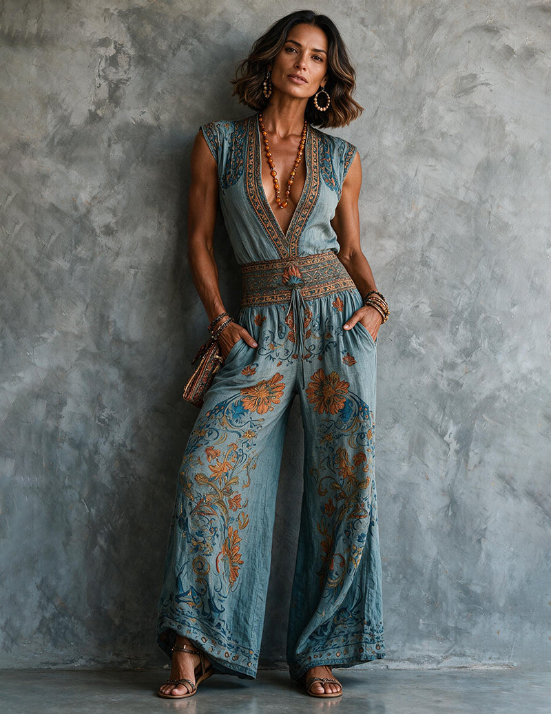 Rosalie | Linen Boho Wide-Leg Jumpsuit
