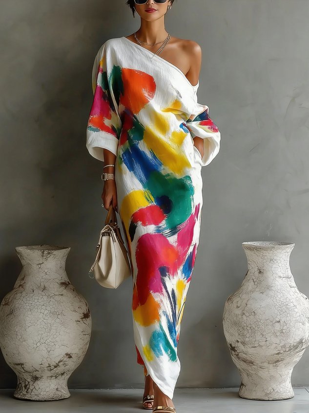 Solène™ | Abstract One-Shoulder Maxi Dress