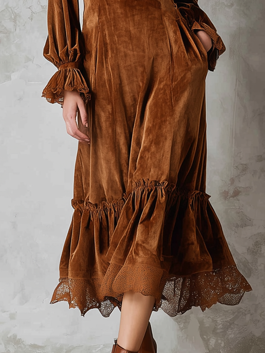 Odette | Ruffle Neck Lace Trim Midi Dress