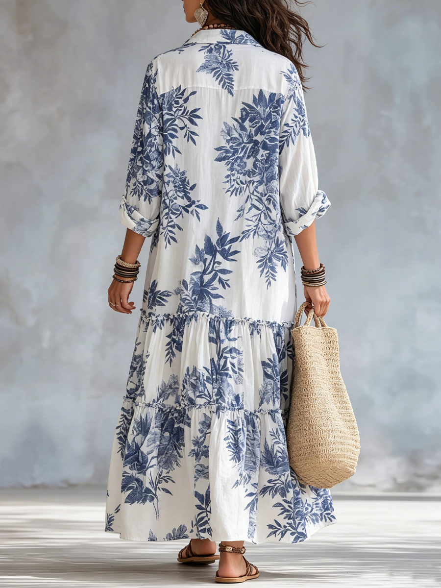 Solenne | Bohemian Blue Floral Button-Down Maxi Dress