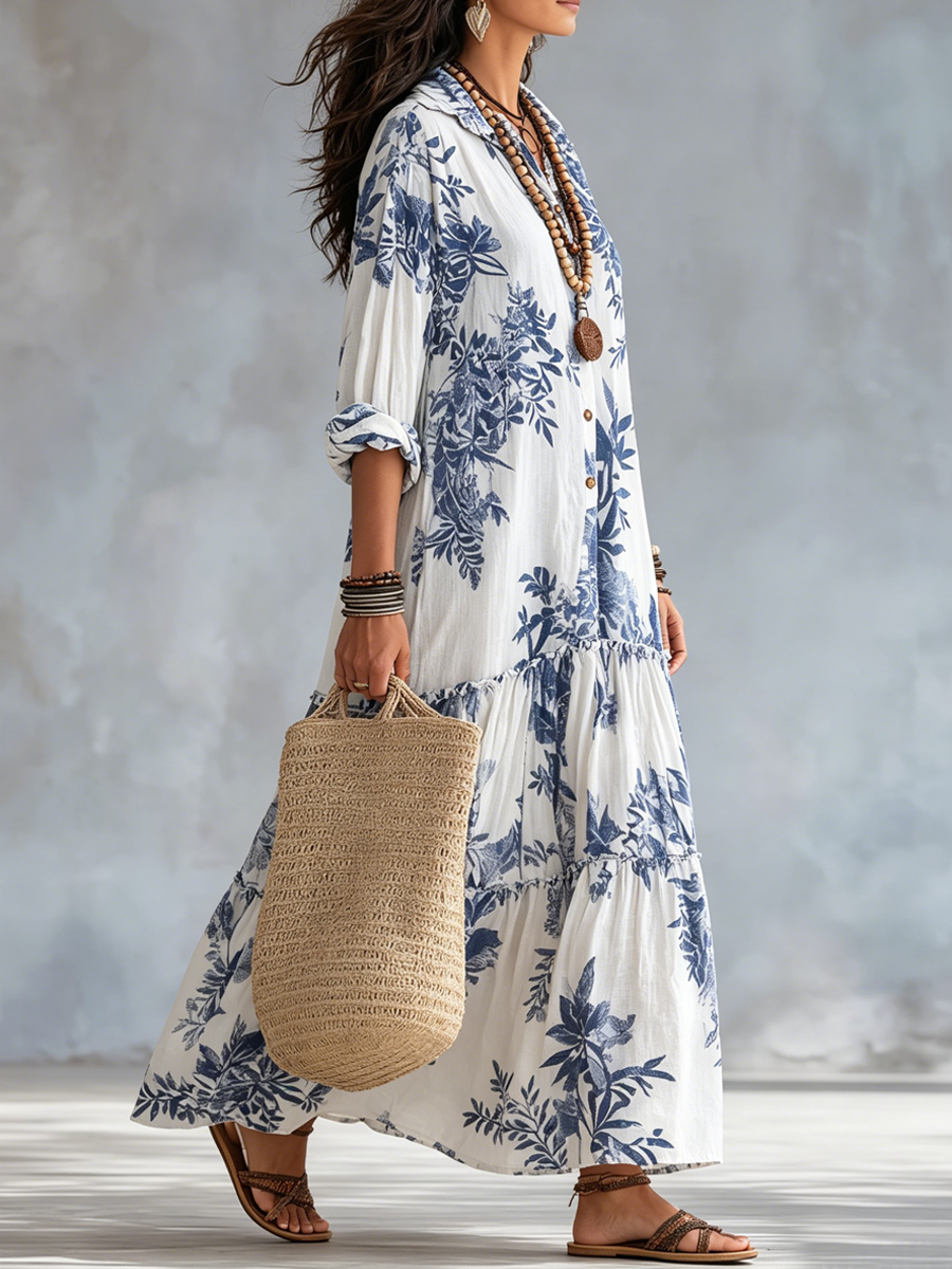 Solenne | Bohemian Blue Floral Button-Down Maxi Dress