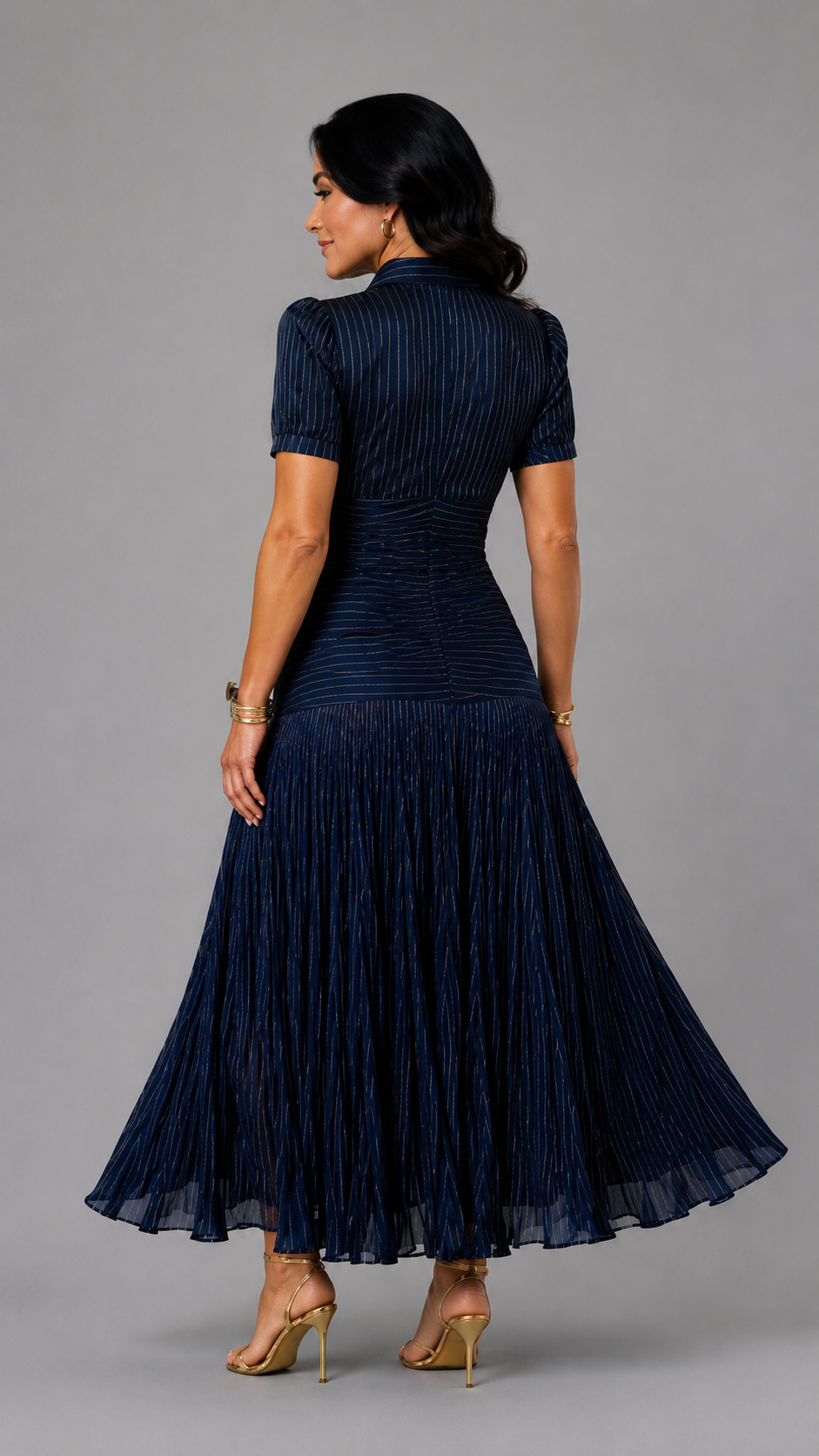 Giuliana | Pinstripe Pleated Midi Dress
