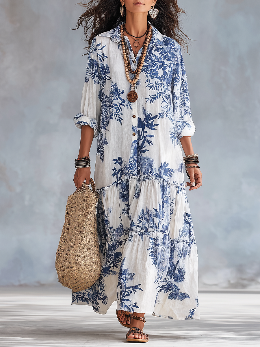 Solenne | Bohemian Blue Floral Button-Down Maxi Dress