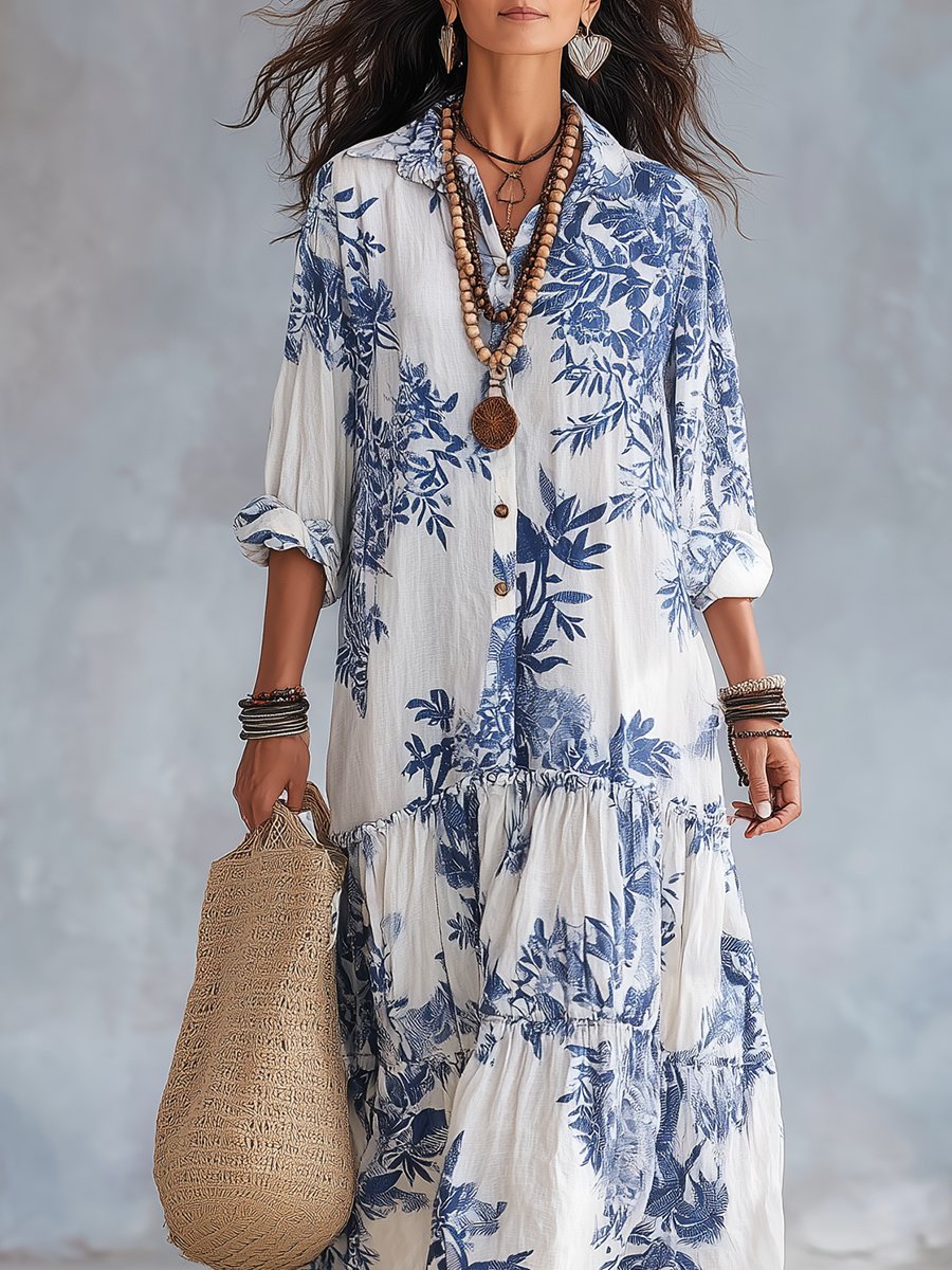 Solenne | Bohemian Blue Floral Button-Down Maxi Dress