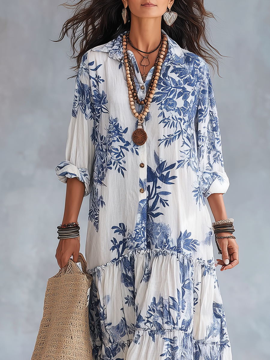 Solenne | Bohemian Blue Floral Button-Down Maxi Dress