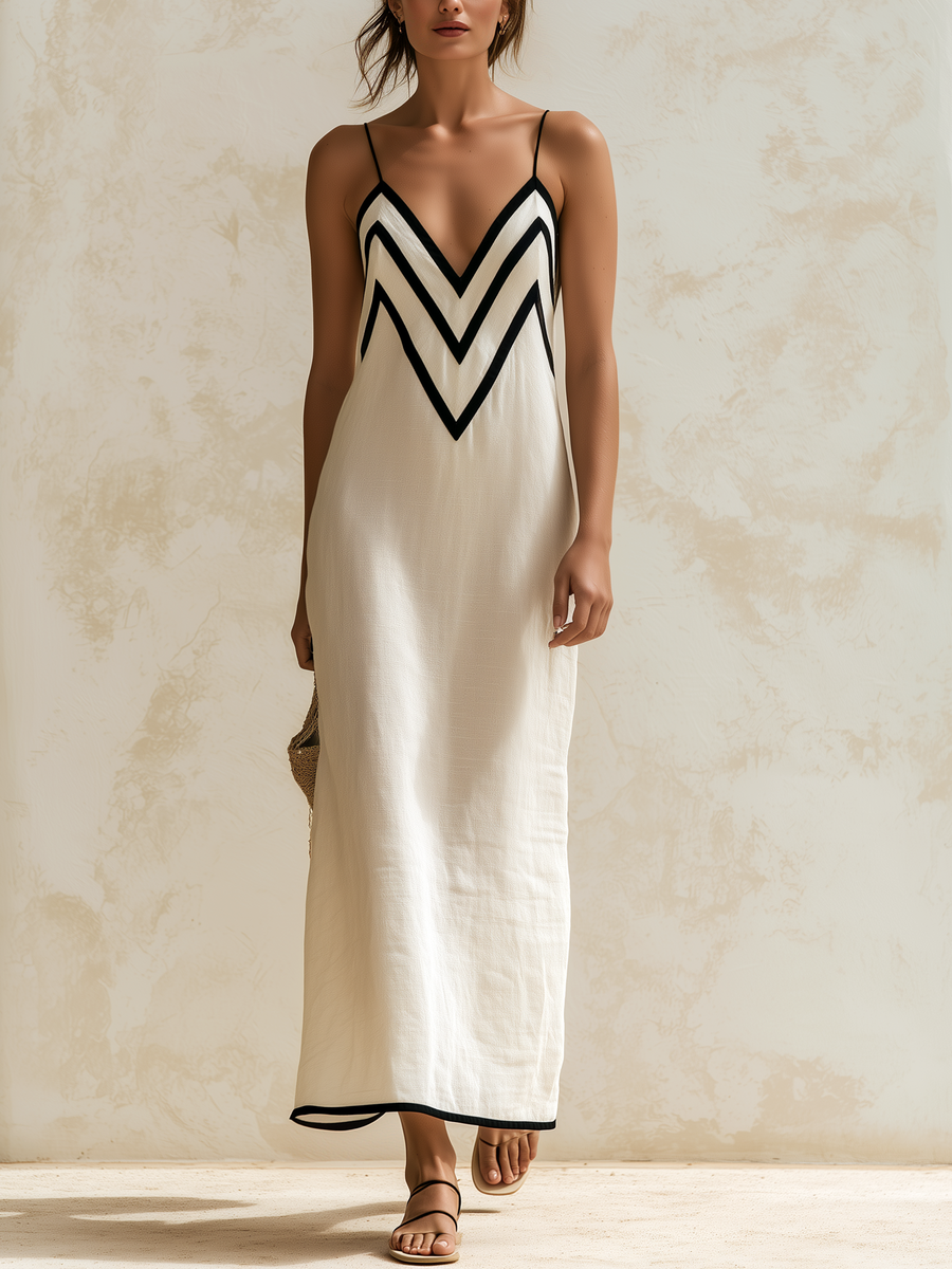 Monica | Linen Slip Maxi Dress with Contrast Chevron Trim