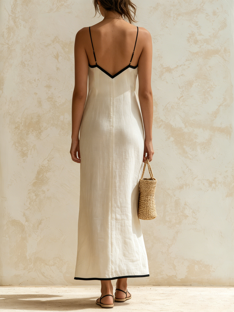 Monica | Linen Slip Maxi Dress with Contrast Chevron Trim