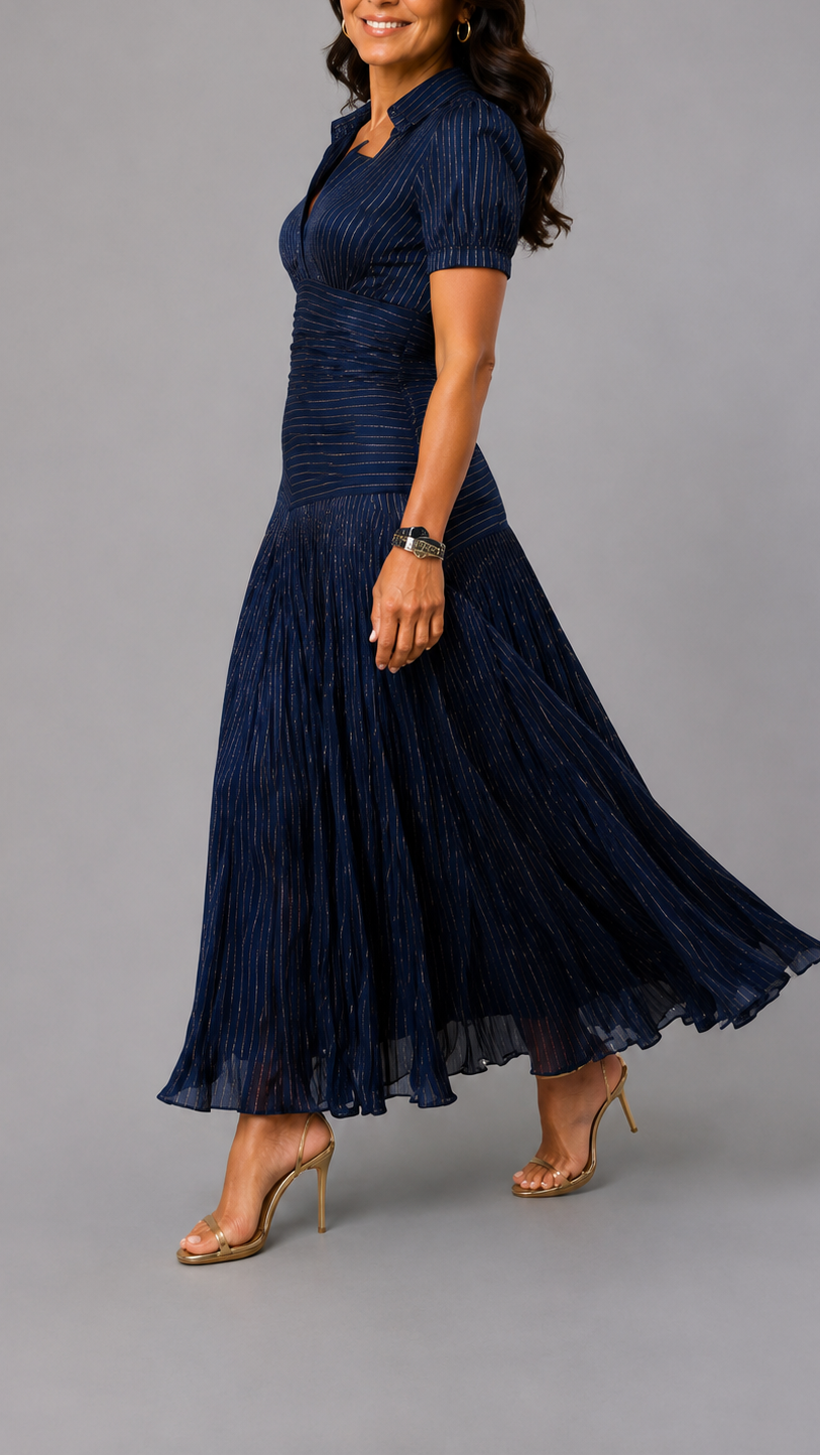 Giuliana | Pinstripe Pleated Midi Dress