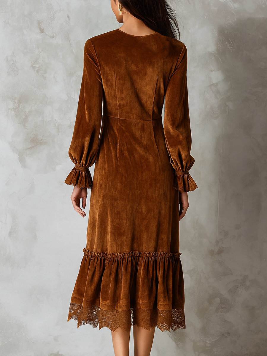 Odette | Ruffle Neck Lace Trim Midi Dress