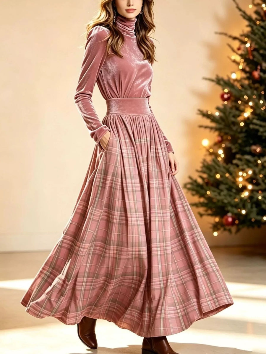 Penelope | Turtleneck Top & Plaid Maxi Skirt Set