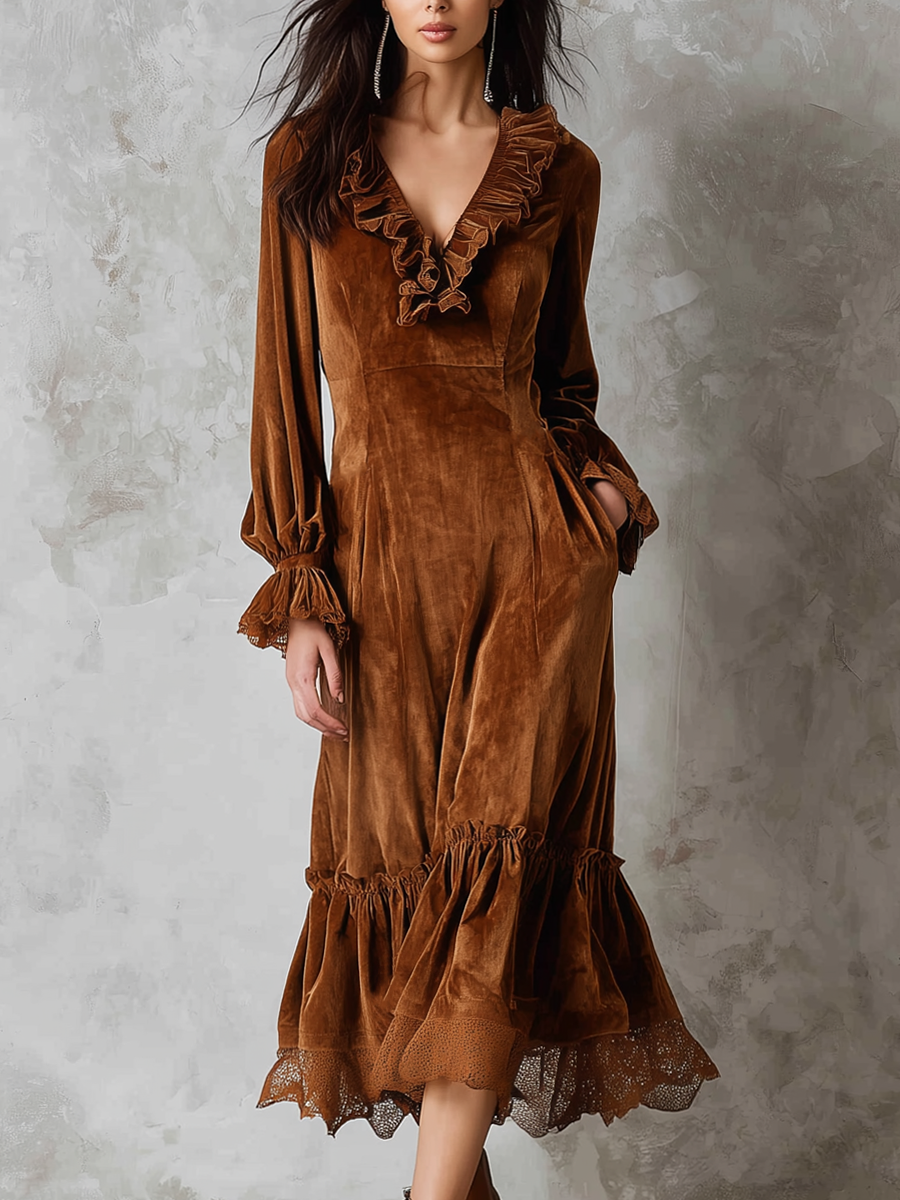 Odette | Ruffle Neck Lace Trim Midi Dress