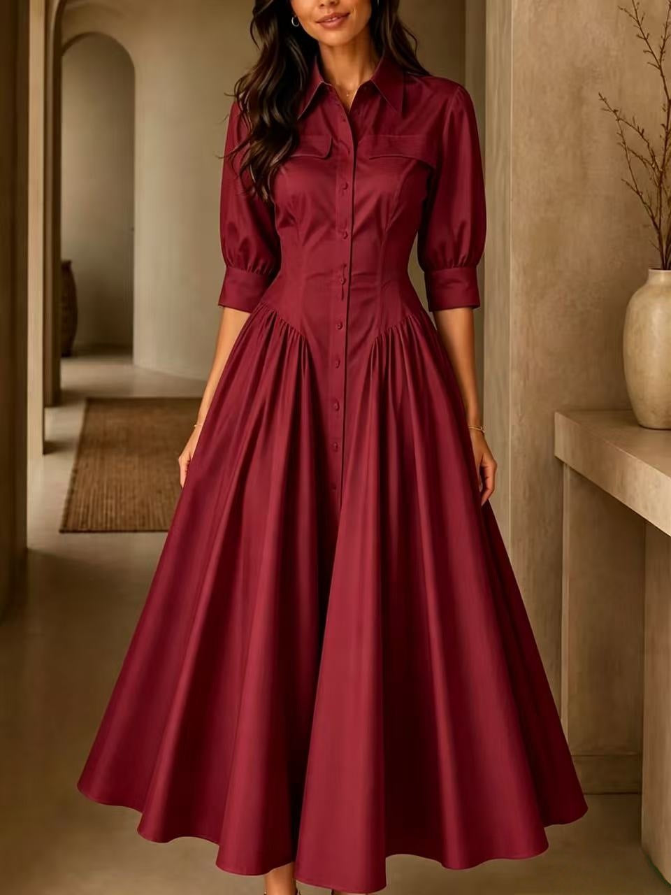 Serena | Button-Front Shirt Midi Dress