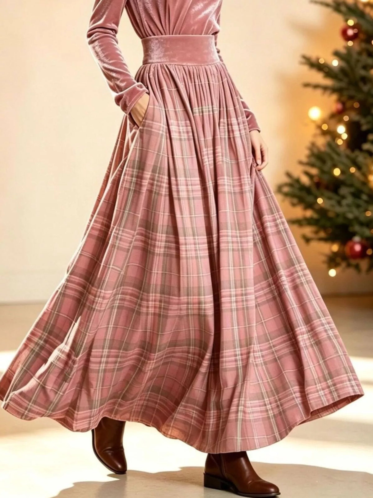 Penelope | Turtleneck Top & Plaid Maxi Skirt Set