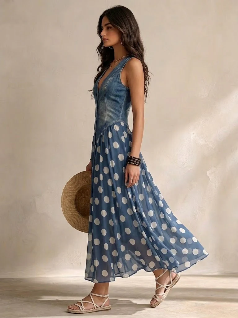 Elena | Denim Polka Dot Dress