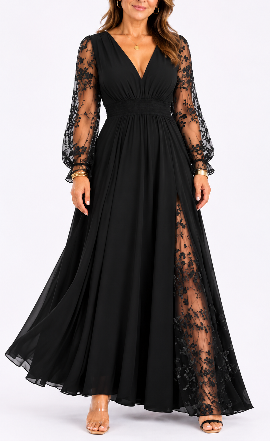 Fleur | Lace Sleeve V-Neck Maxi Dress