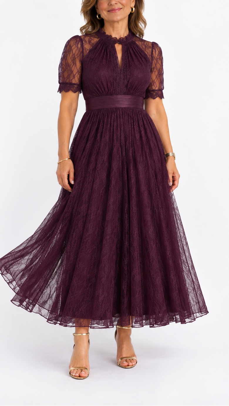 Flavia | Keyhole Neck Lace Trim Maxi Dress