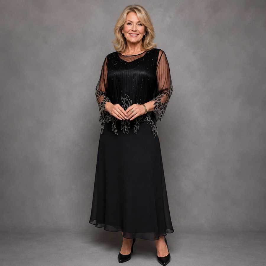 Clarimond™ | Embellished Sheer-Sleeve Occasion Dress