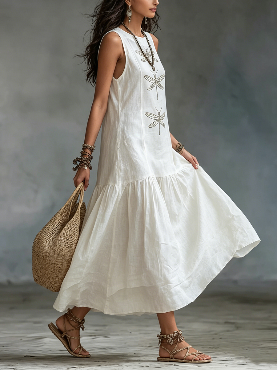 Elara™ | Dragonfly Linen Blend Maxi Dress