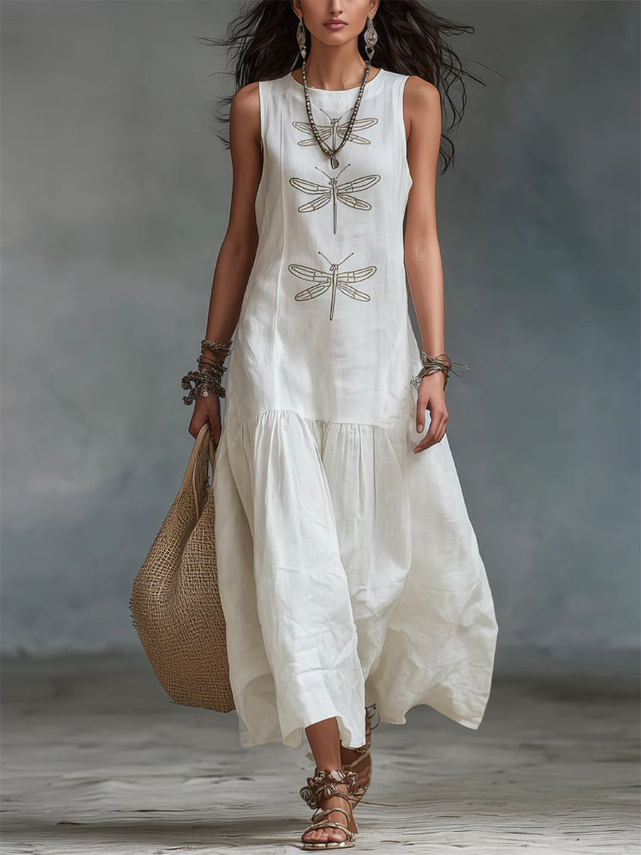 Elara™ | Dragonfly Linen Blend Maxi Dress