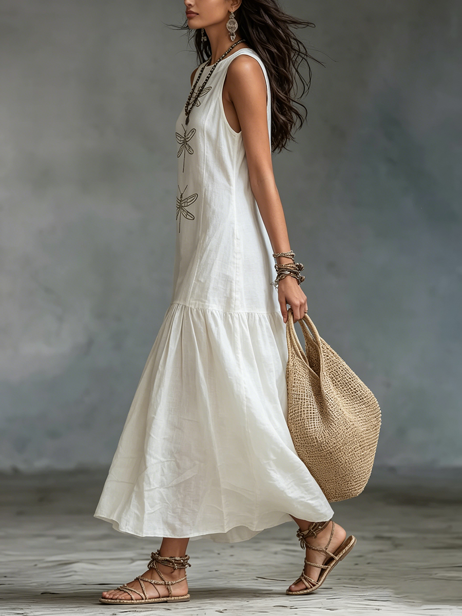 Elara™ | Dragonfly Linen Blend Maxi Dress
