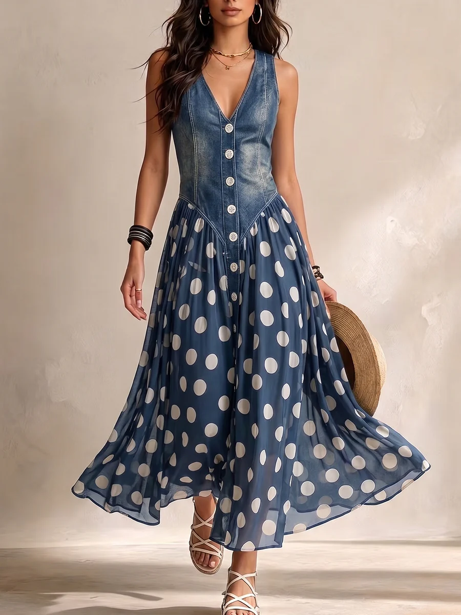 Elena | Denim Polka Dot Dress