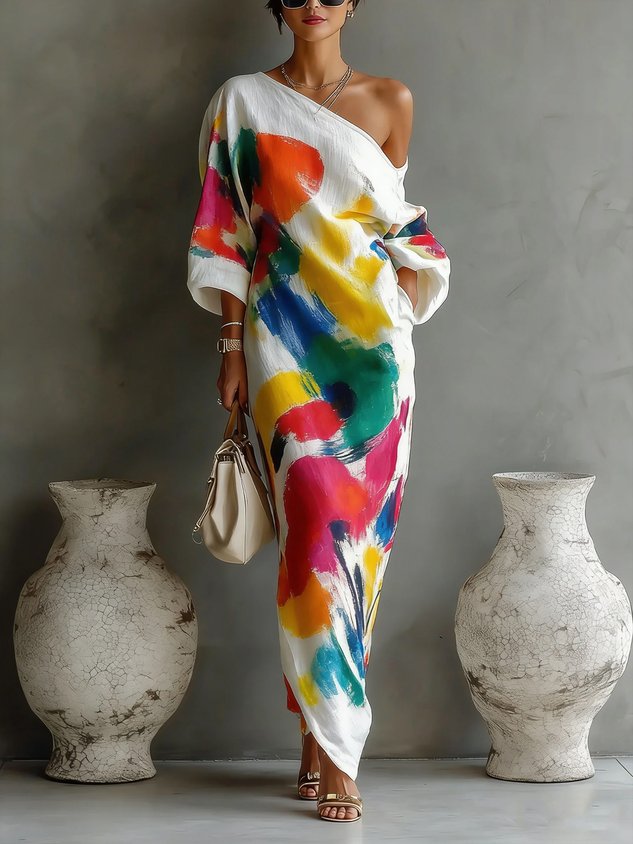 Solène™ | Abstract One-Shoulder Maxi Dress