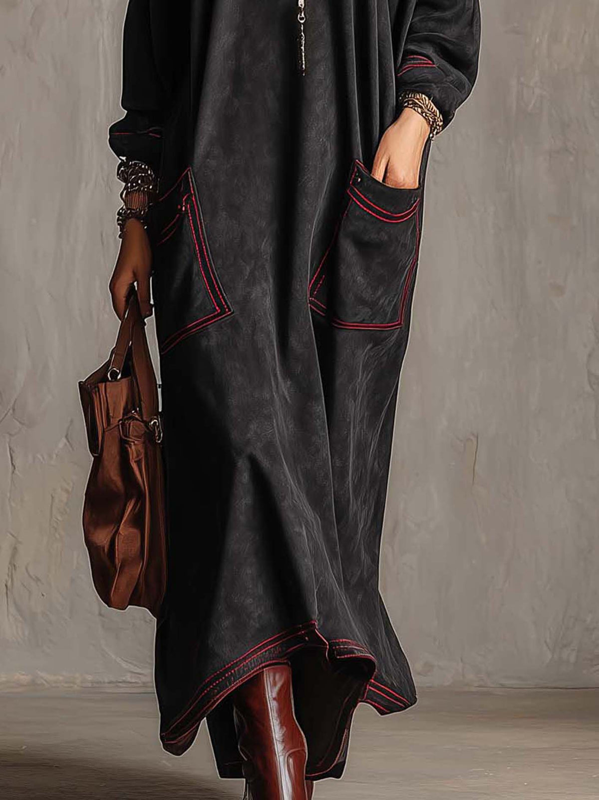 Rossana | Contrast Stitch Maxi Dress with Pockets