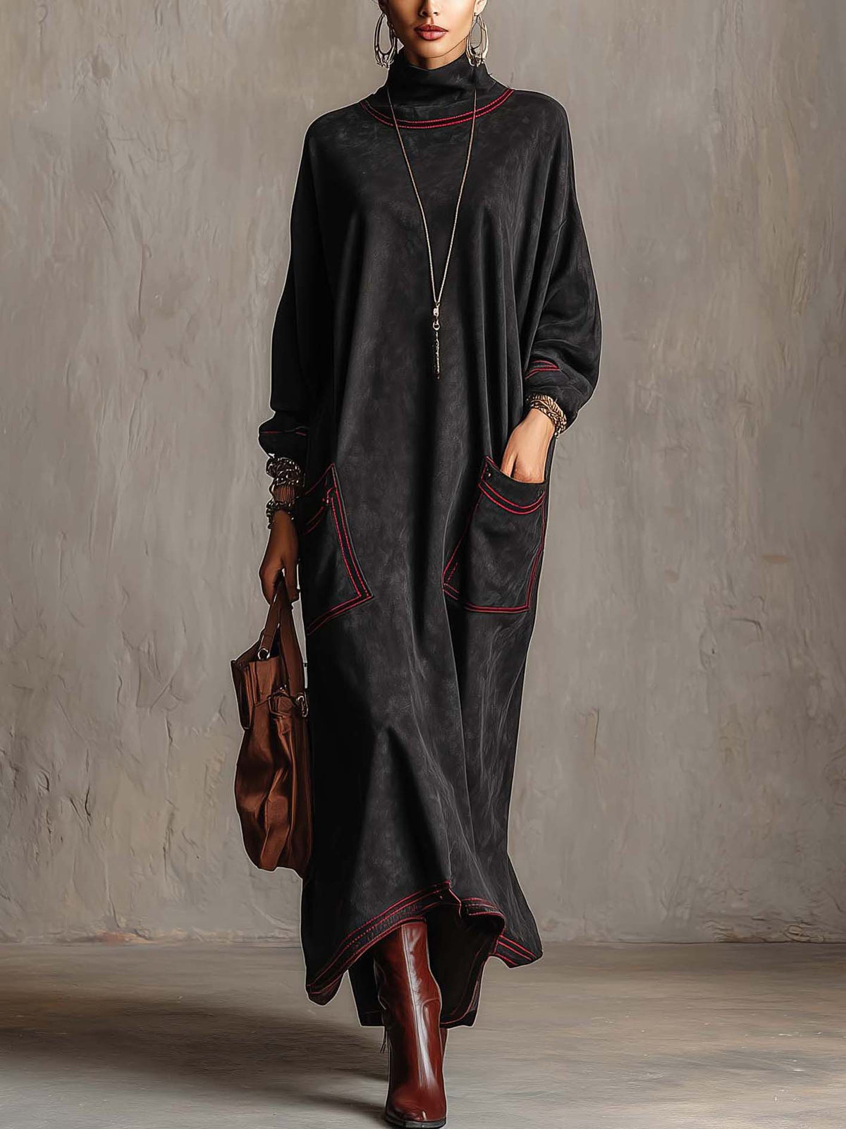 Rossana | Contrast Stitch Maxi Dress with Pockets