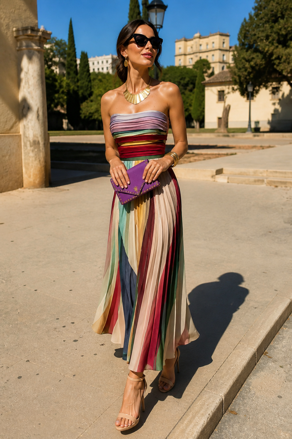 Evadne™ | Pleated Rainbow Maxi Dress