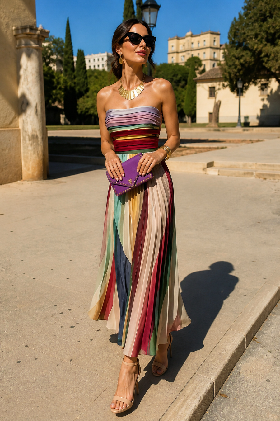 Evadne™ | Pleated Rainbow Maxi Dress