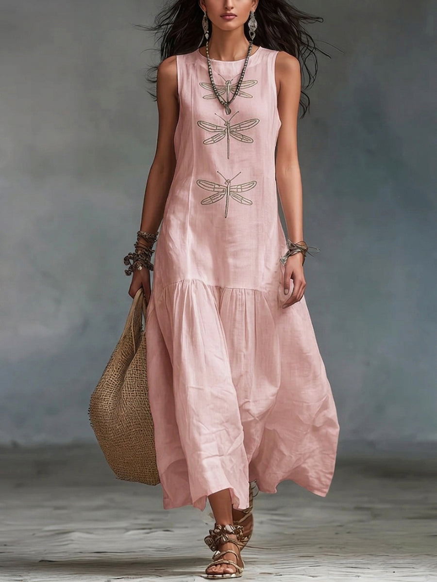Elara™ | Dragonfly Linen Blend Maxi Dress