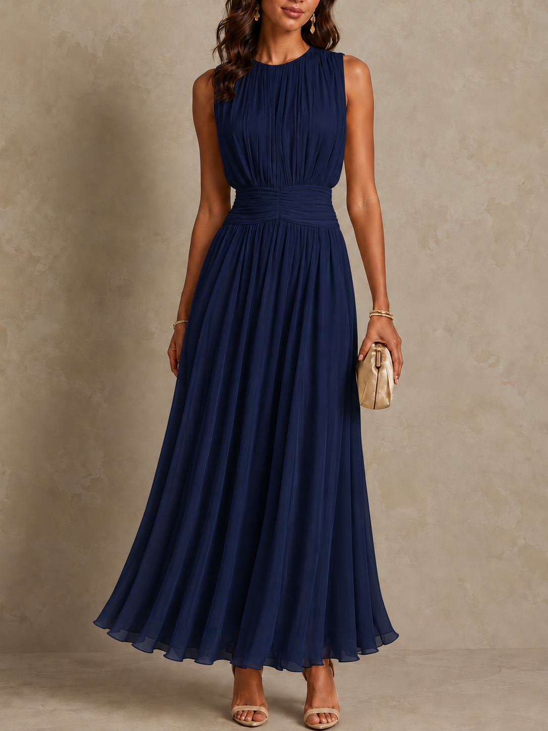 Iselle | Ruched Waist Sleeveless Maxi Dress