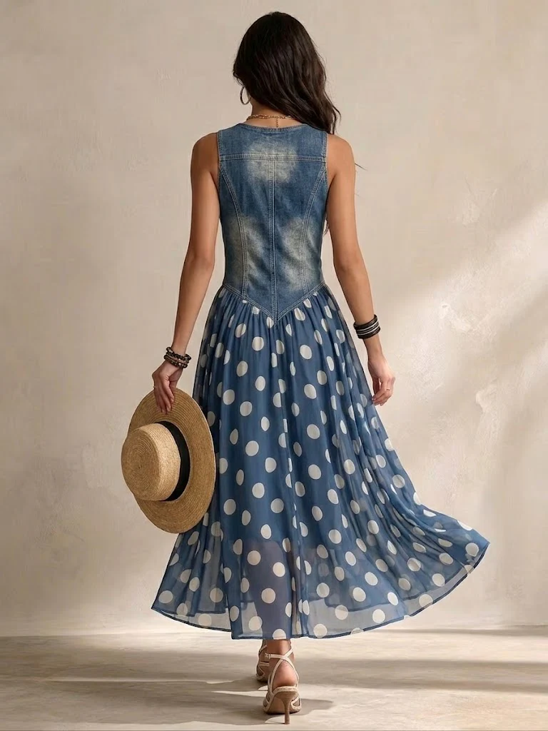 Elowen™ | Denim & Polka Dot Midi Dress
