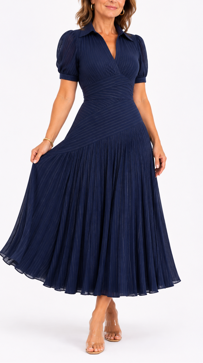 Giuliana | Pinstripe Pleated Midi Dress