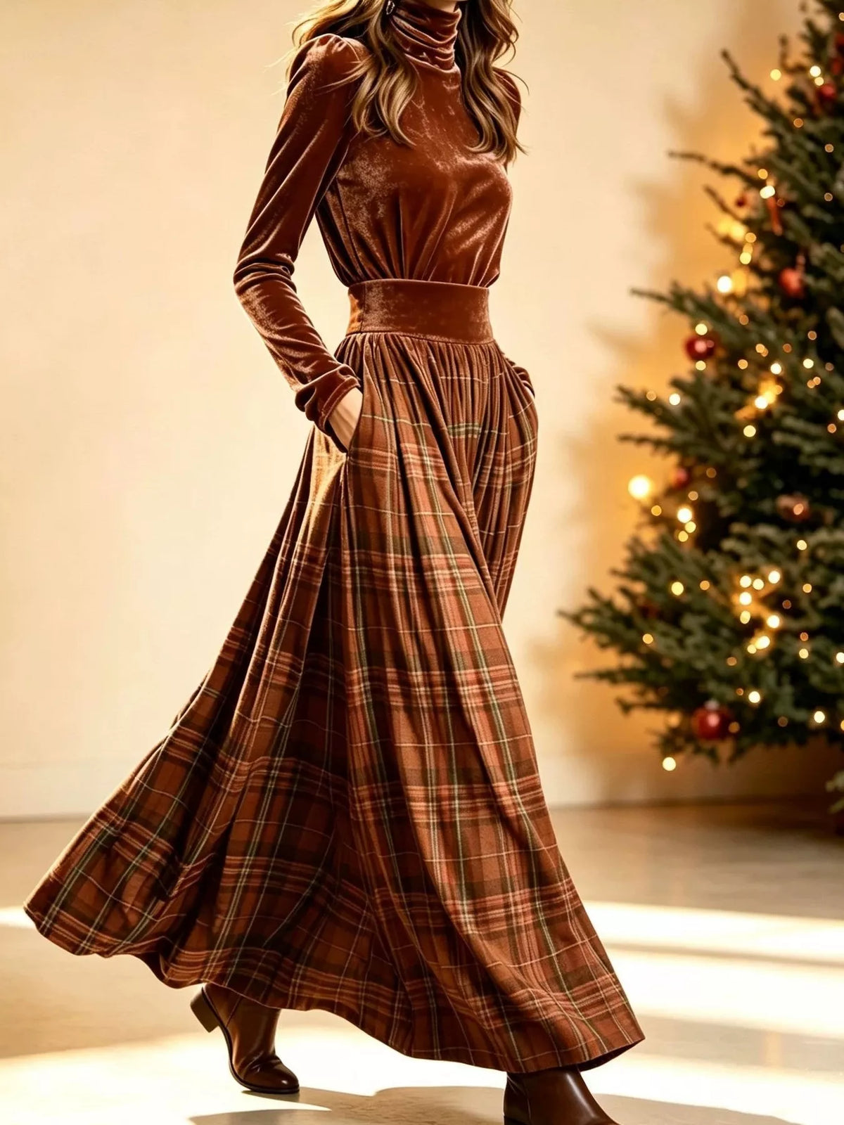 Penelope | Turtleneck Top & Plaid Maxi Skirt Set