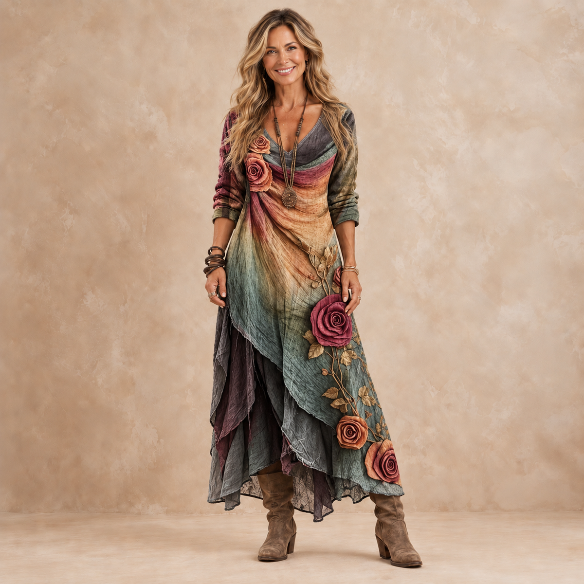 Rosella | Rose Print Layered Maxi Dress