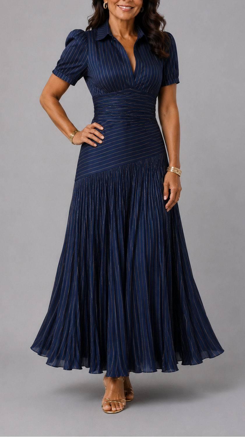 Giuliana | Pinstripe Pleated Midi Dress