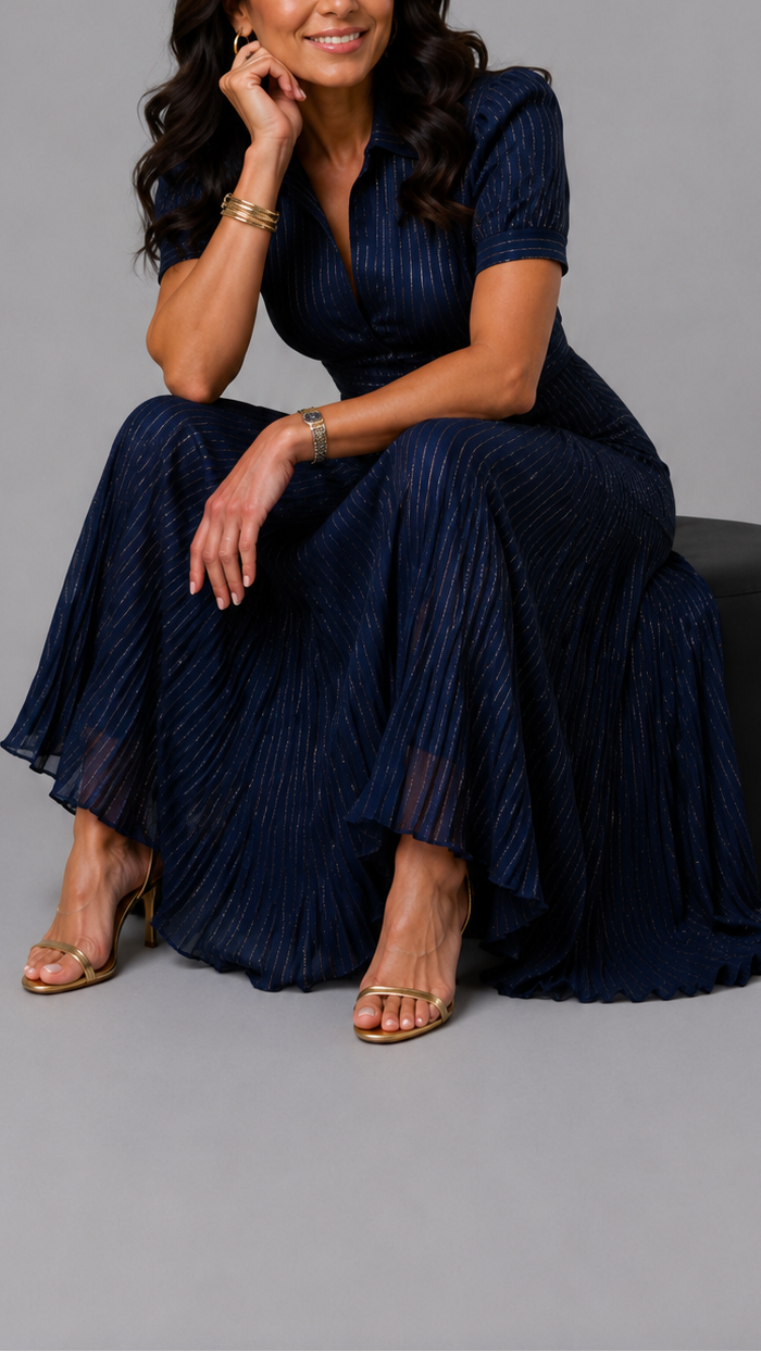 Giuliana | Pinstripe Pleated Midi Dress