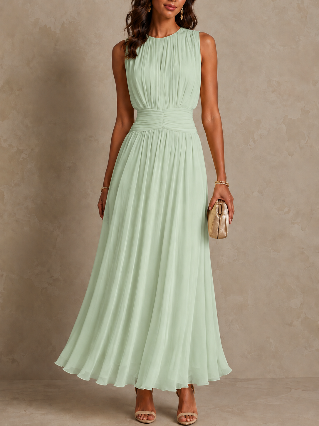 Iselle | Ruched Waist Sleeveless Maxi Dress