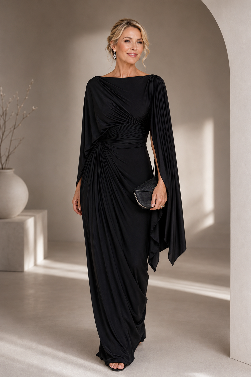 Selene™ | Elegant Draped Cape Maxi Dress