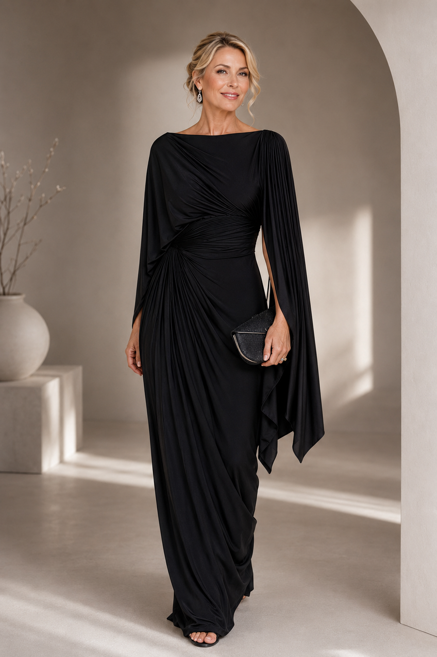 Selene™ | Elegant Draped Cape Maxi Dress