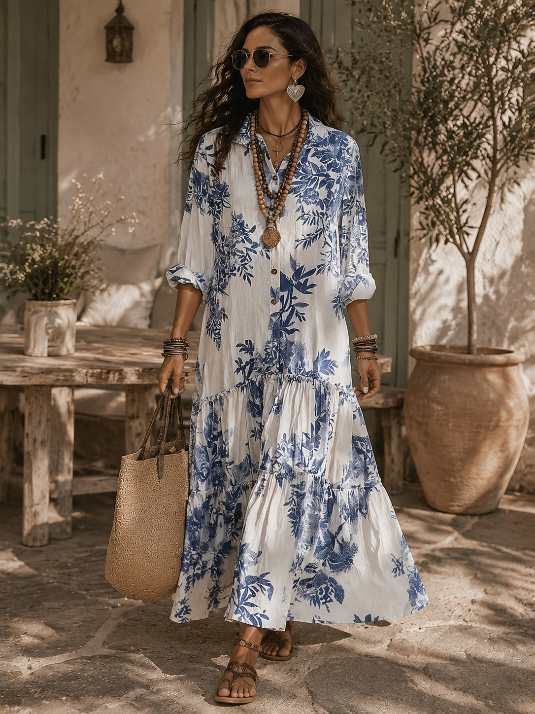 Solenne | Bohemian Blue Floral Button-Down Maxi Dress