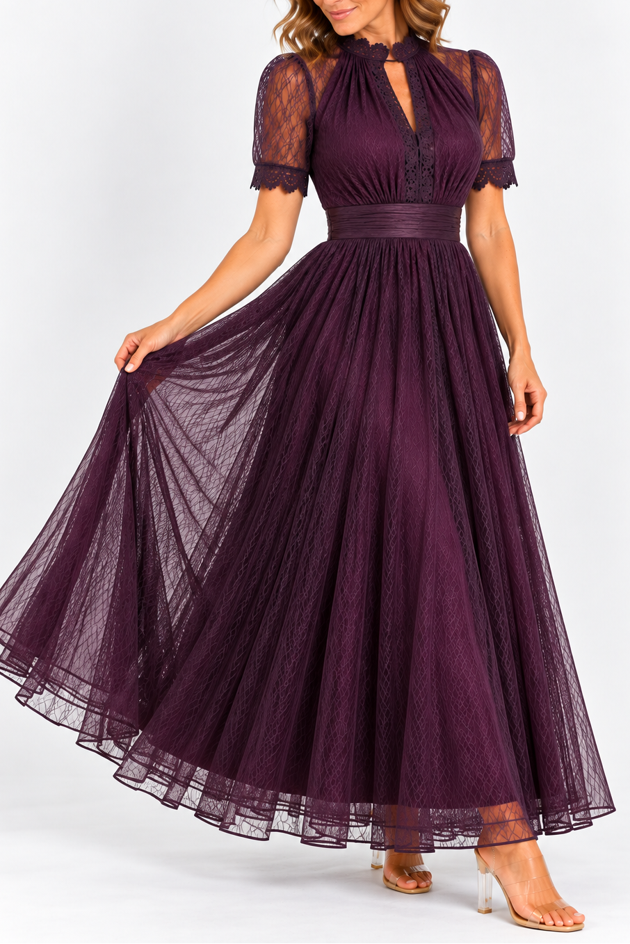 Flavia | Keyhole Neck Lace Trim Maxi Dress