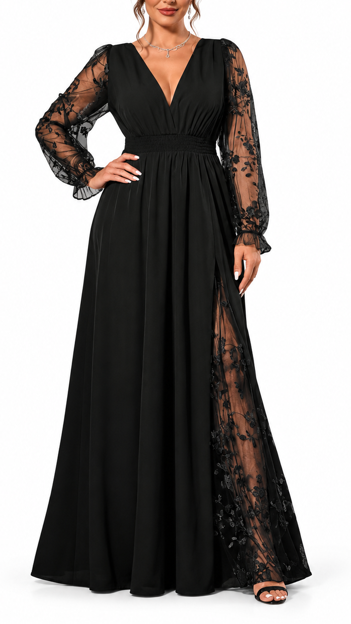 Fleur | Lace Sleeve V-Neck Maxi Dress