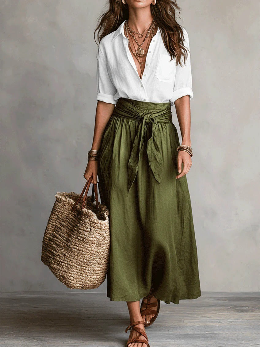 Vera™ | Elegant Black Top & Olive Green Midi Skirt Set