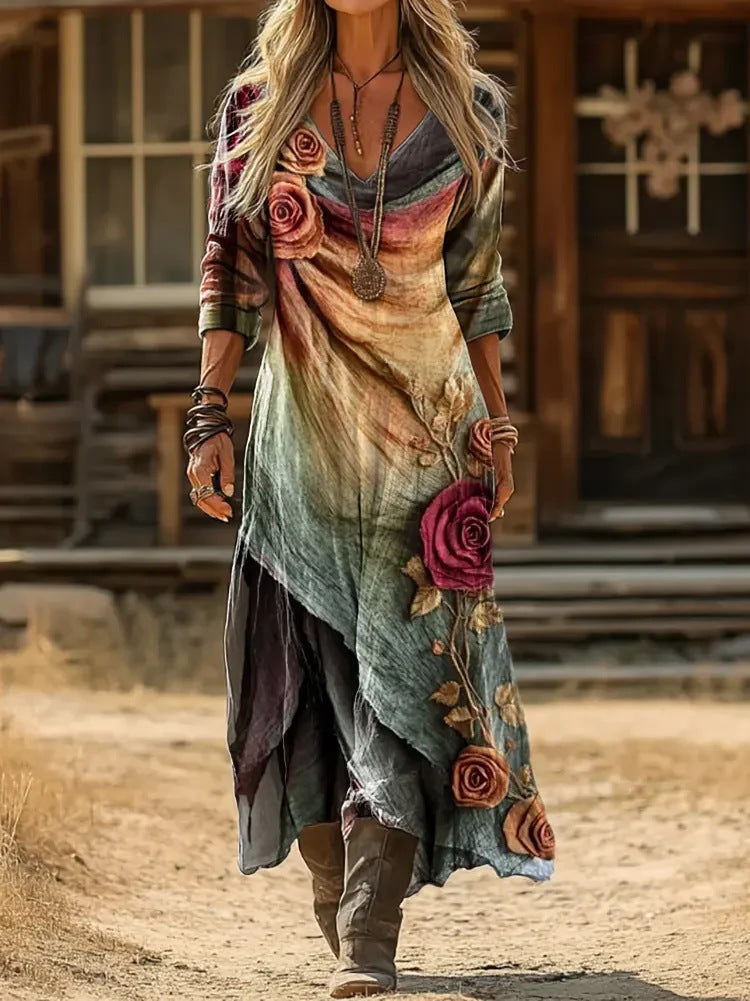 Rosella | Rose Print Layered Maxi Dress