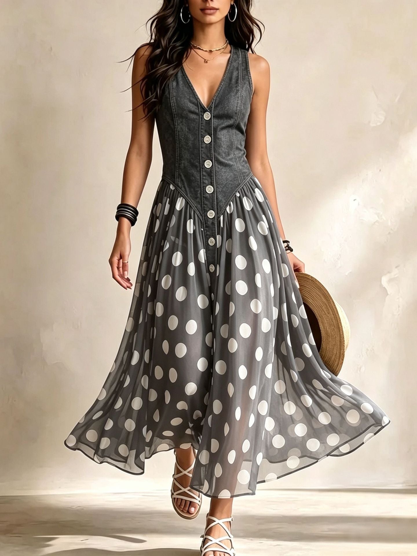Elena | Denim Polka Dot Dress