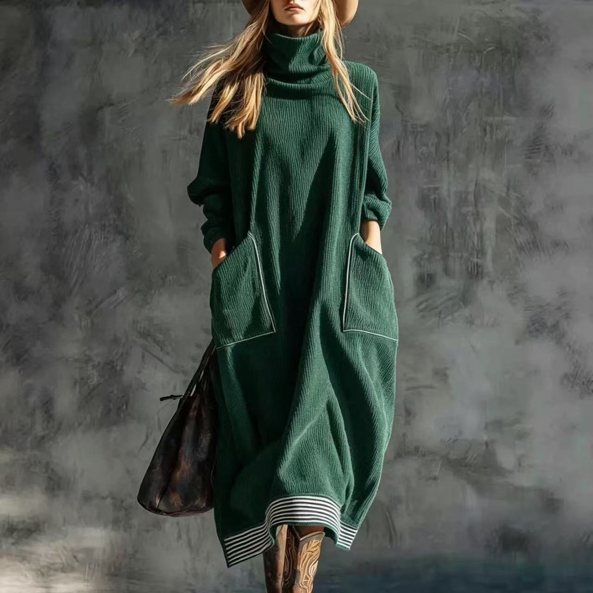 Winifred | Vintage High Collar Midi Dress with Pockets