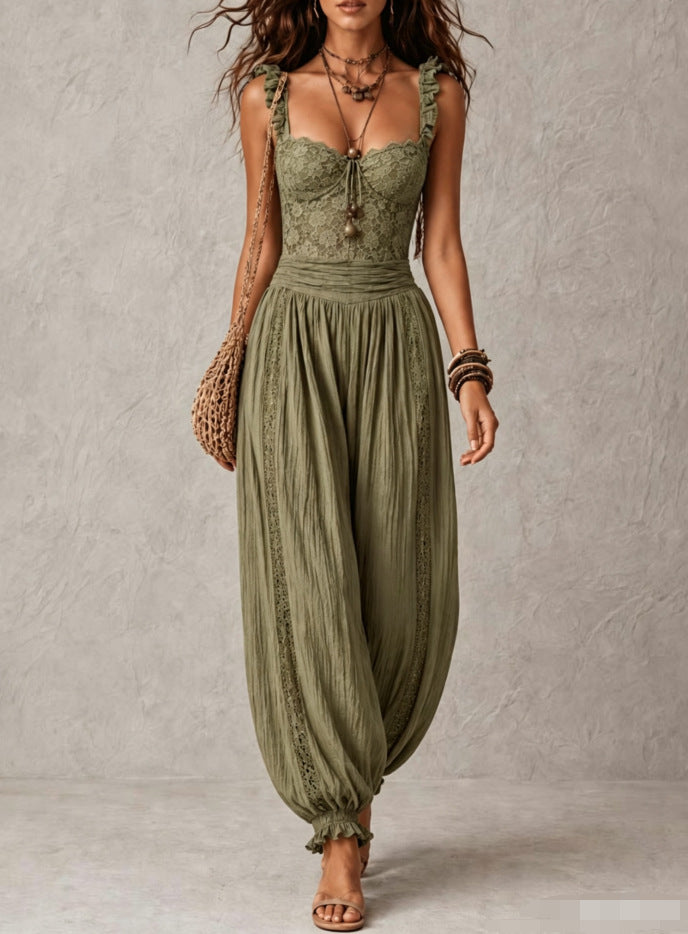 Eva | Lace Top & Pleated Cotton Pants Set