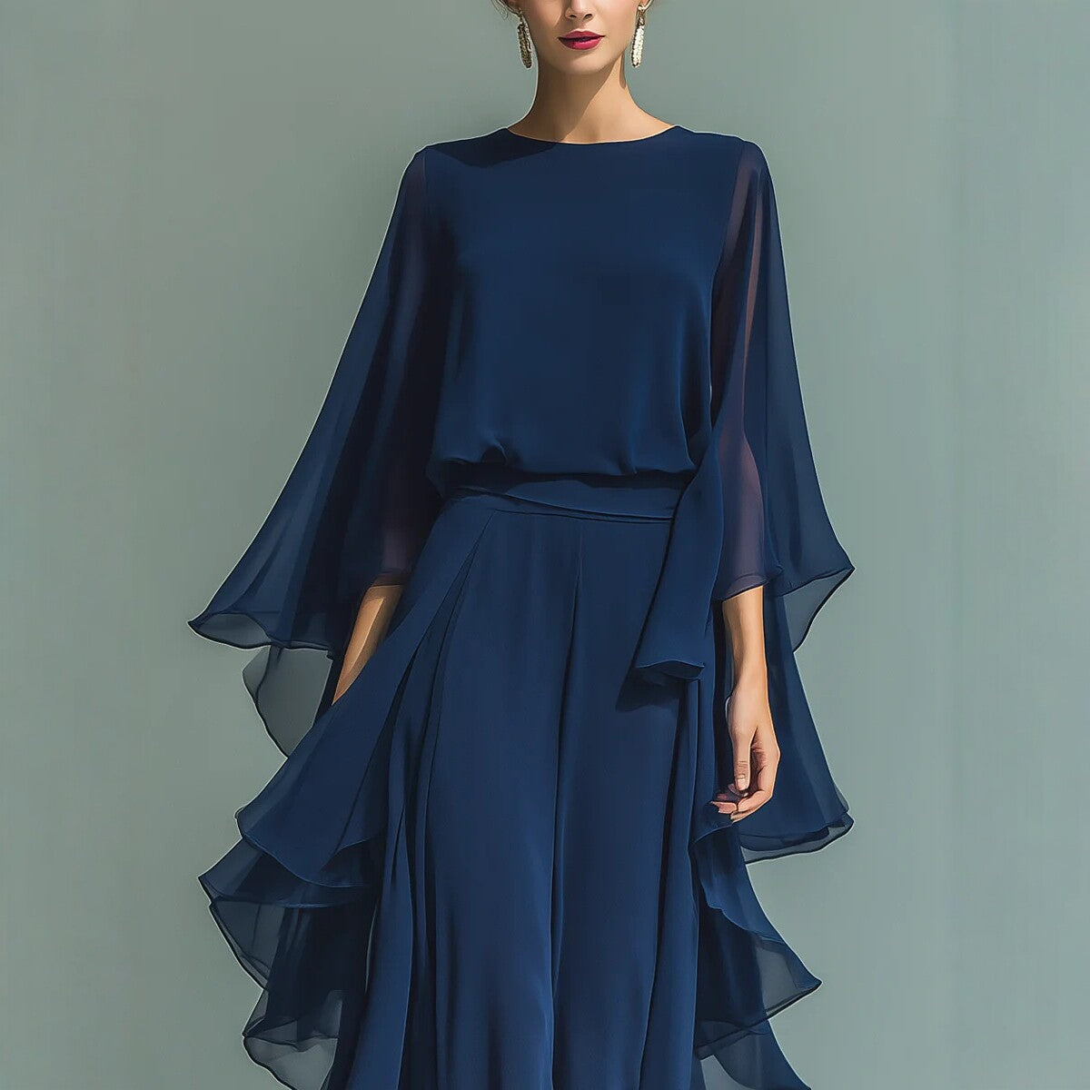 Adeline | Two-Piece Ruffle-Sleeve Crepe Set